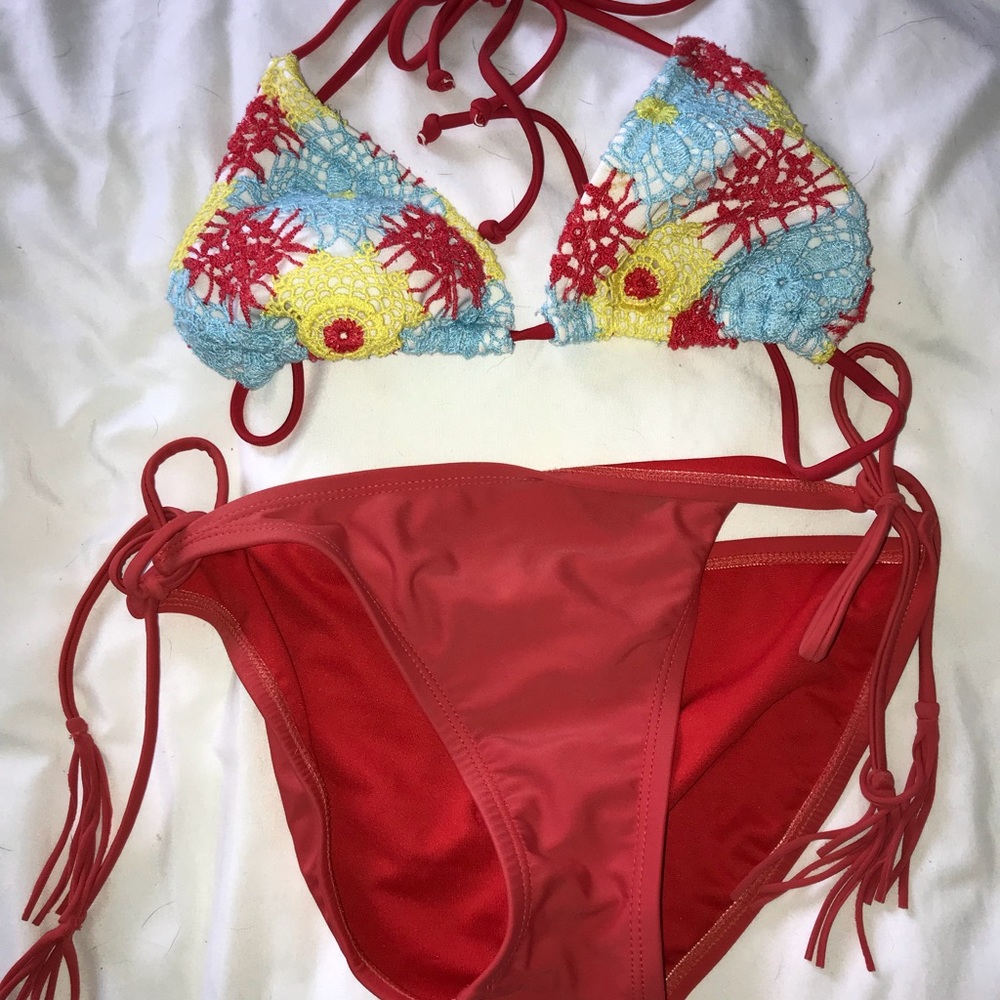 red crochet flower bikini set